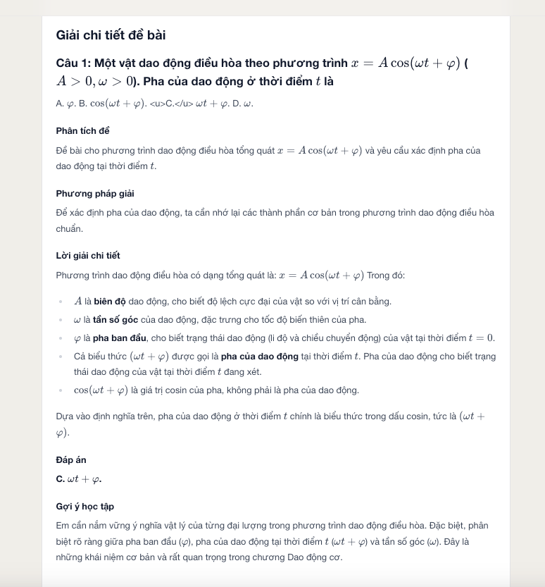 Màn hình kết quả lời giải của công cụ Exam Solver
