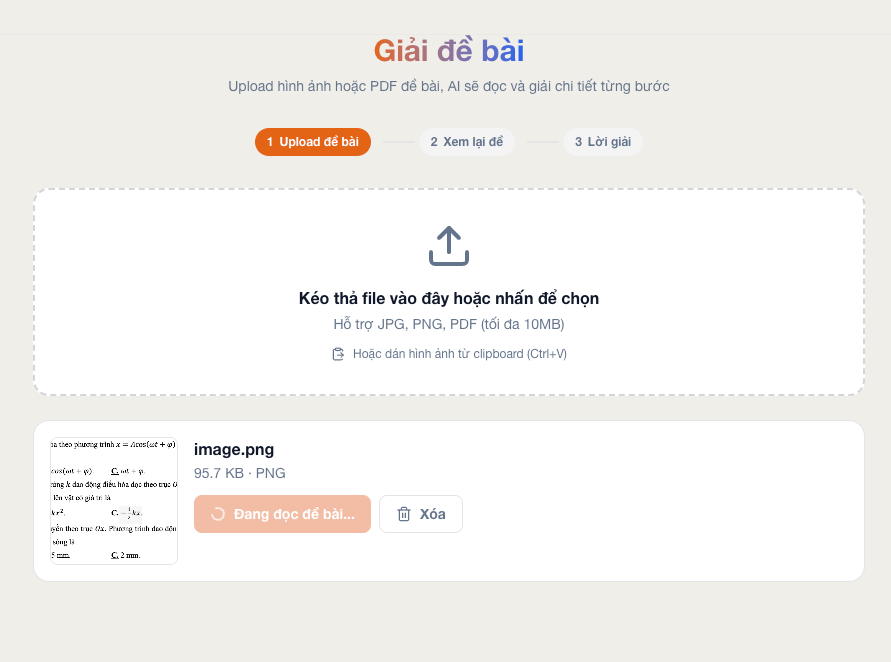 Màn hình upload đề bài trong công cụ Exam Solver